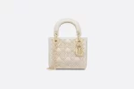 DIOR / MINI LADY DIOR BAG Latte Crinkle-Effect Lambskin with White Resin Half-Pearl Cannage Motif M0505OWFX_M941