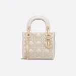 DIOR / MINI LADY DIOR BAG Latte Crinkle-Effect Lambskin with White Resin Half-Pearl Cannage Motif M0505OWFX_M941