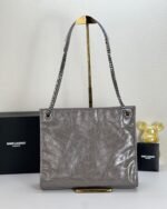 YSL NIKI Wrinkled retro oil wax skin Shoulder and backbody tote bag grey 577999 size: 33*27*11.5 cm - 图片 5