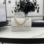 Chanel classic flap caviar leather crossbody bag with gold hardware white